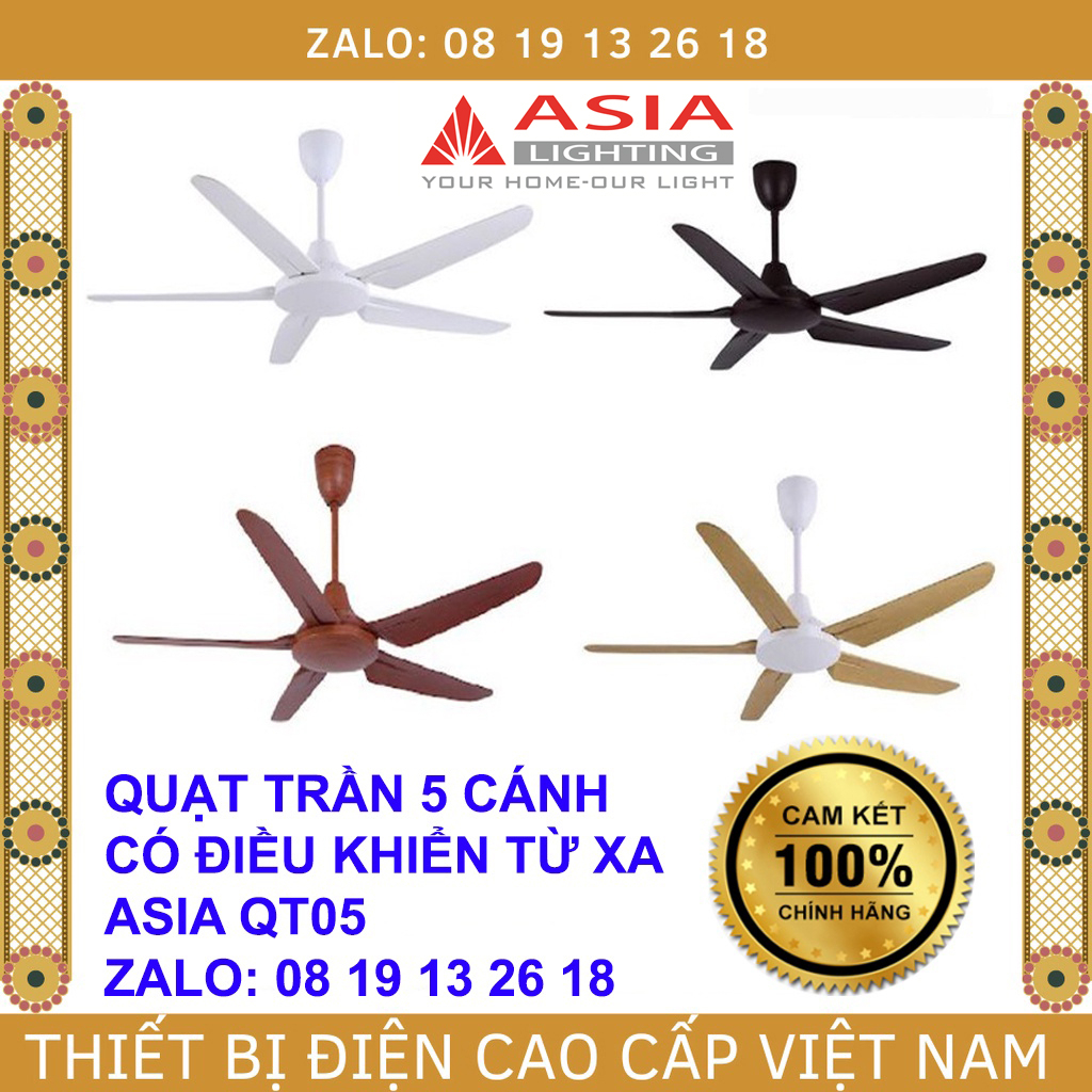 Quạt trần 5 cánh ASIA QT05, có điều khiển từ xa, quạt mát chạy êm, công suất tối đa 80W