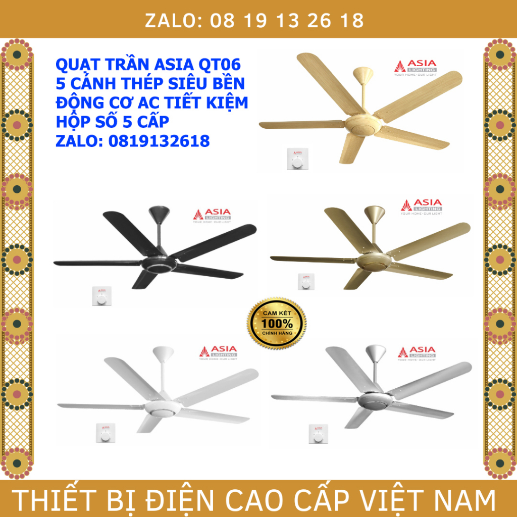 Quạt trần 5 cánh ASIA QT06, hộp số 5 cấp, quạt mát chạy êm, công suất tối đa 80W
