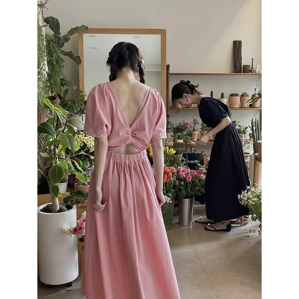 Váy sue studio set hồng cổ v xoắn ngực tay cộc, chân váy a dài cùng màu