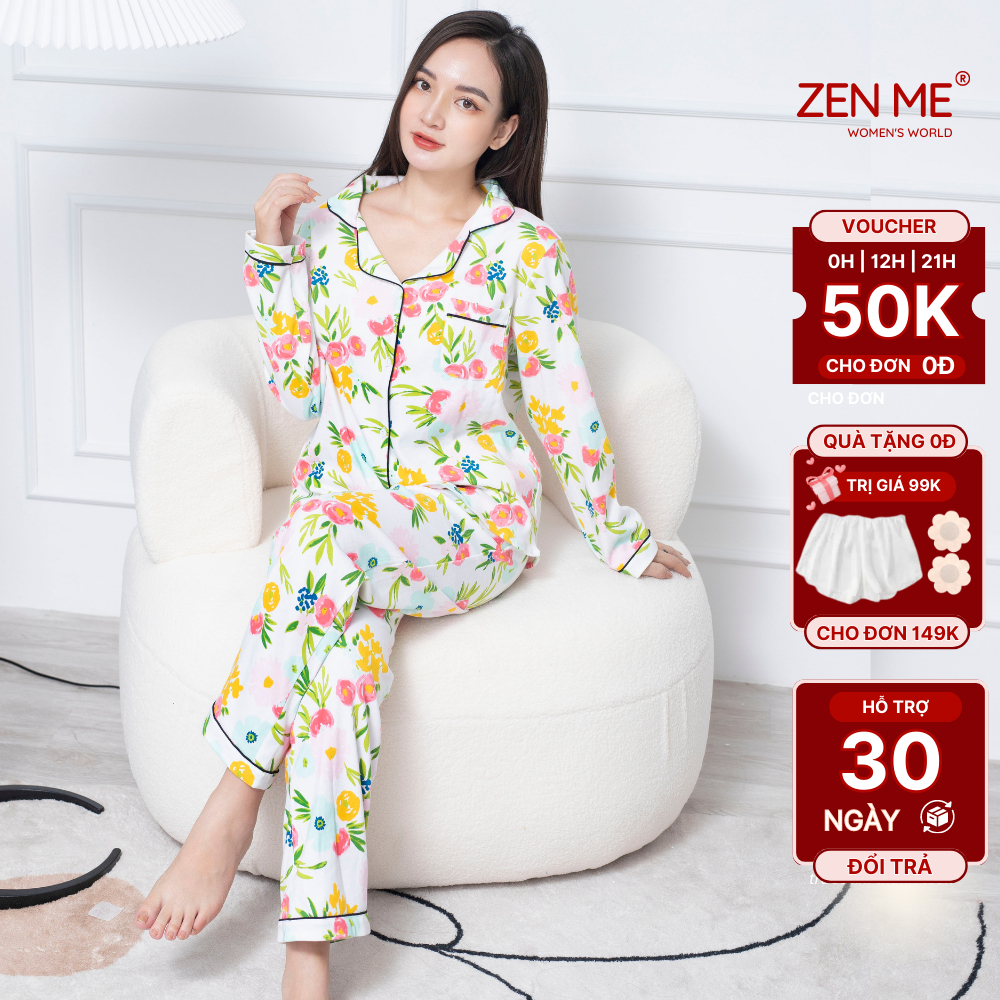 Đồ Bộ Nữ Mặc Ở Nhà Zen Me Women's World Chất Liệu Cotton Thoáng Mát - Pyjama Dài Tay Họa Tiết Dễ Thương Pjdd1122, ZenMe