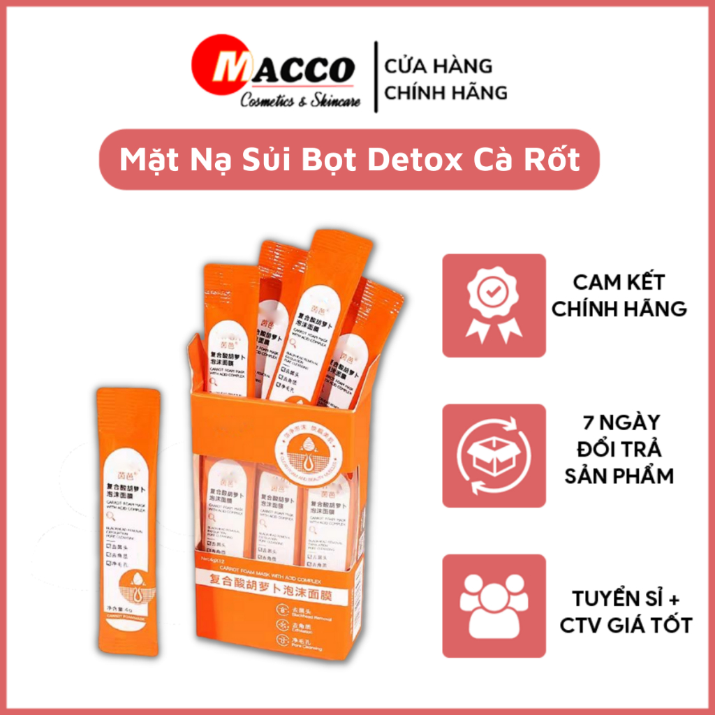 Mặt Nạ Sủi Bọt Thải Độc Cà Rốt (Hộp 12 Gói) Cuốn Sạch Bụi Bẩn, Dầu Thừa, Giảm Mụn Đầu Đen, Detox Da Sáng Mịn