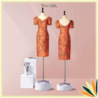 Đầm Katosa Cổ V Dáng Bút Chì, Màu Cam HT Lá, Chất Vải Tafta Lụa Cao Cấp 2 Lớp