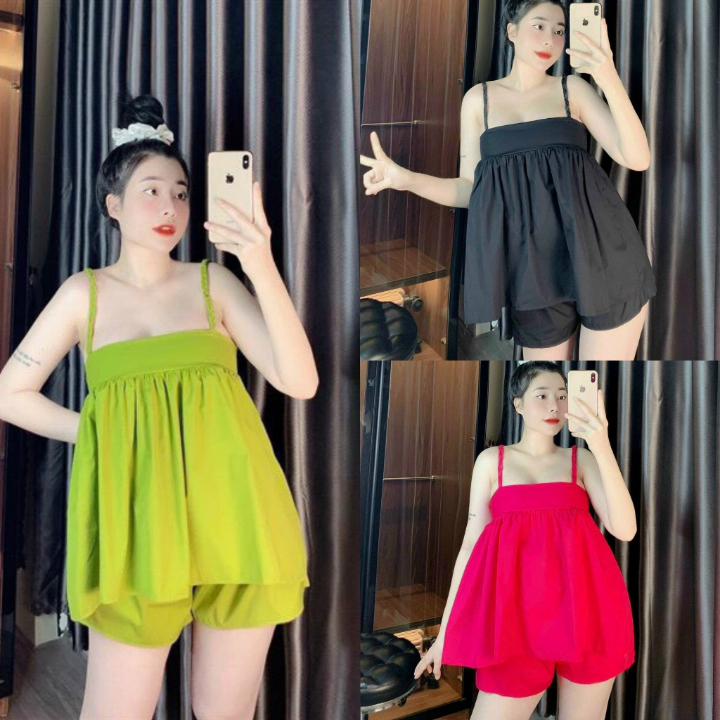 Set bộ đùi for áo 2 dây bánh bèo mix quần ống rộng cùng tone màu xinh xắn, trẻ trung dành cho các tình yêu đi biển