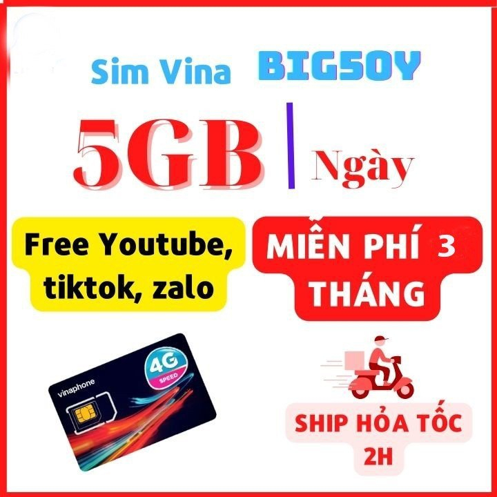 Sim 4G Giá Rẻ Vinaphone BIG50Y 5GB/Ngày - Tỷ Gb Xem YOUTUBE/TIK TOK/ZALO - Miễn phí 3 Tháng Không Nạp Thẻ