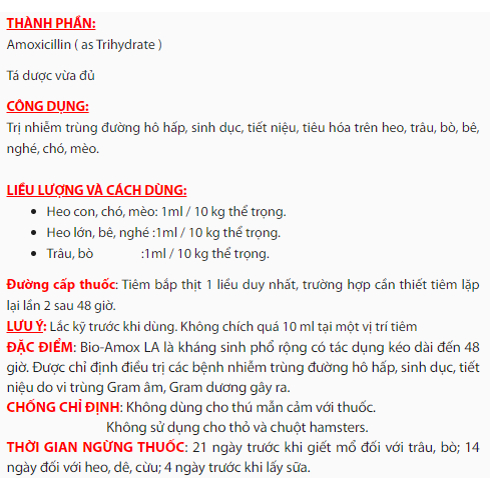 Bio-Amox 20% LA - hô hấp, viêm vú, viêm tử cung 20ml, 100ml