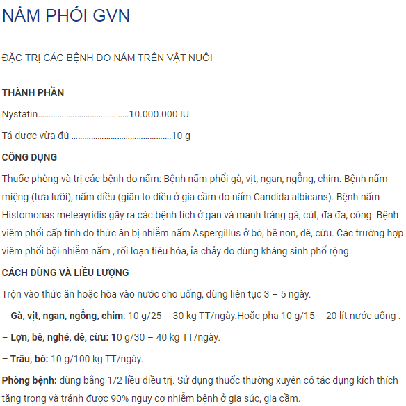 Nấm phổi GVN 10g, 50g dùng cho vật nuôi nhiễm các loại nấm