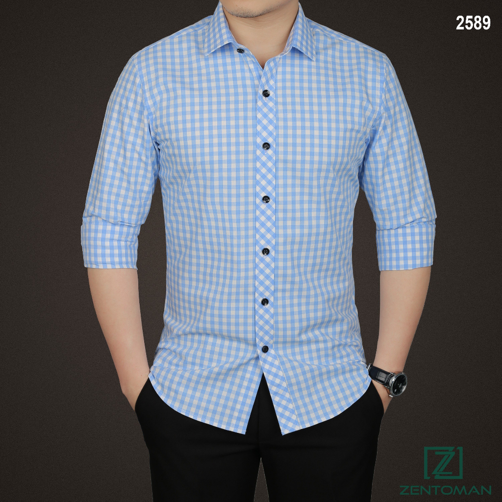 Áo sơ mi nam dài tay ZENTOMAN cotton mềm mịn thoáng máy, chống nhăn kẻ caro xanh
