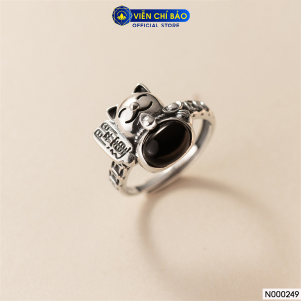 Nhẫn bạc nữ mèo kim tiền đá đen chất liệu bạc Thái 925 thời trang phụ kiện trang sức Viễn Chí Bảo N000249