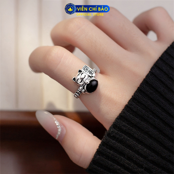 Nhẫn bạc nữ mèo kim tiền đá đen chất liệu bạc Thái 925 thời trang phụ kiện trang sức Viễn Chí Bảo N000249