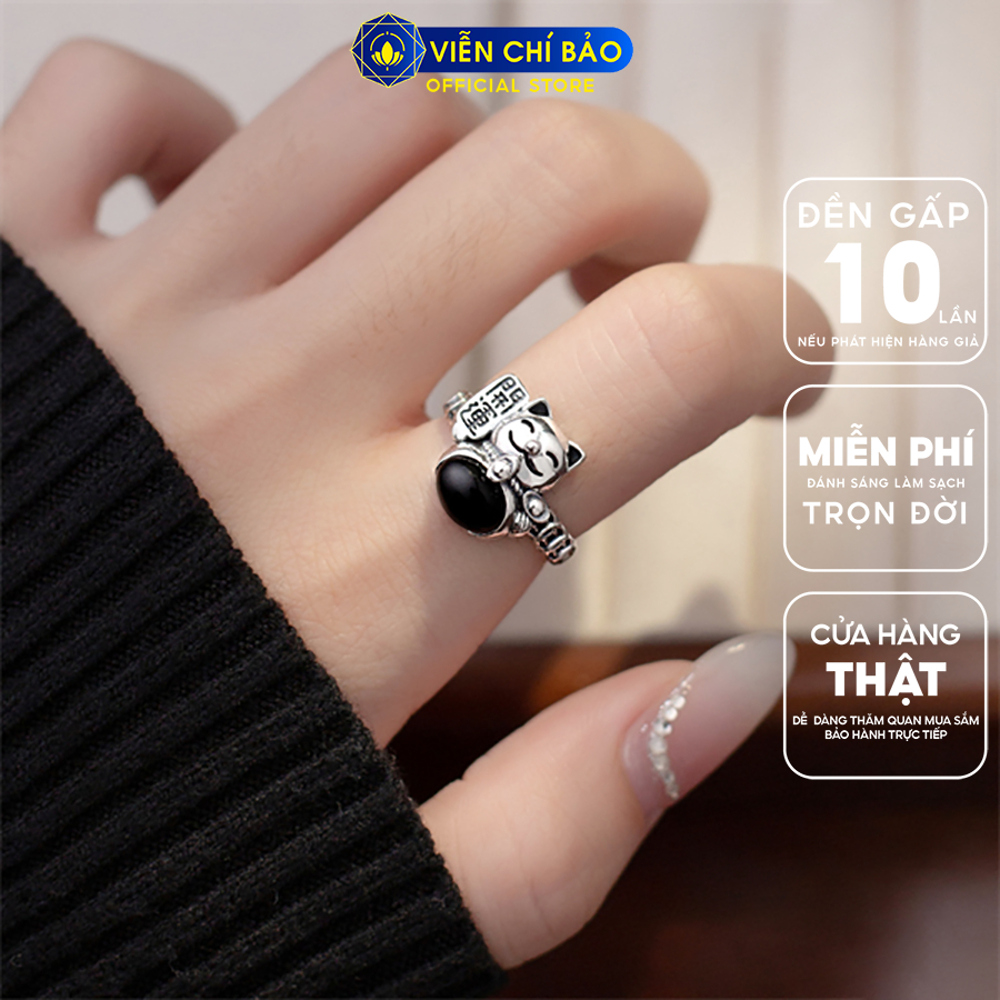 Nhẫn bạc nữ mèo kim tiền đá đen chất liệu bạc Thái 925 thời trang phụ kiện trang sức Viễn Chí Bảo N000249