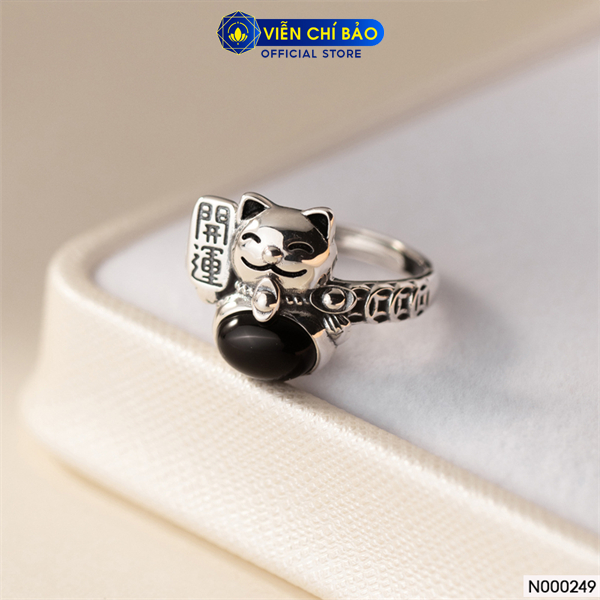 Nhẫn bạc nữ mèo kim tiền đá đen chất liệu bạc Thái 925 thời trang phụ kiện trang sức Viễn Chí Bảo N000249