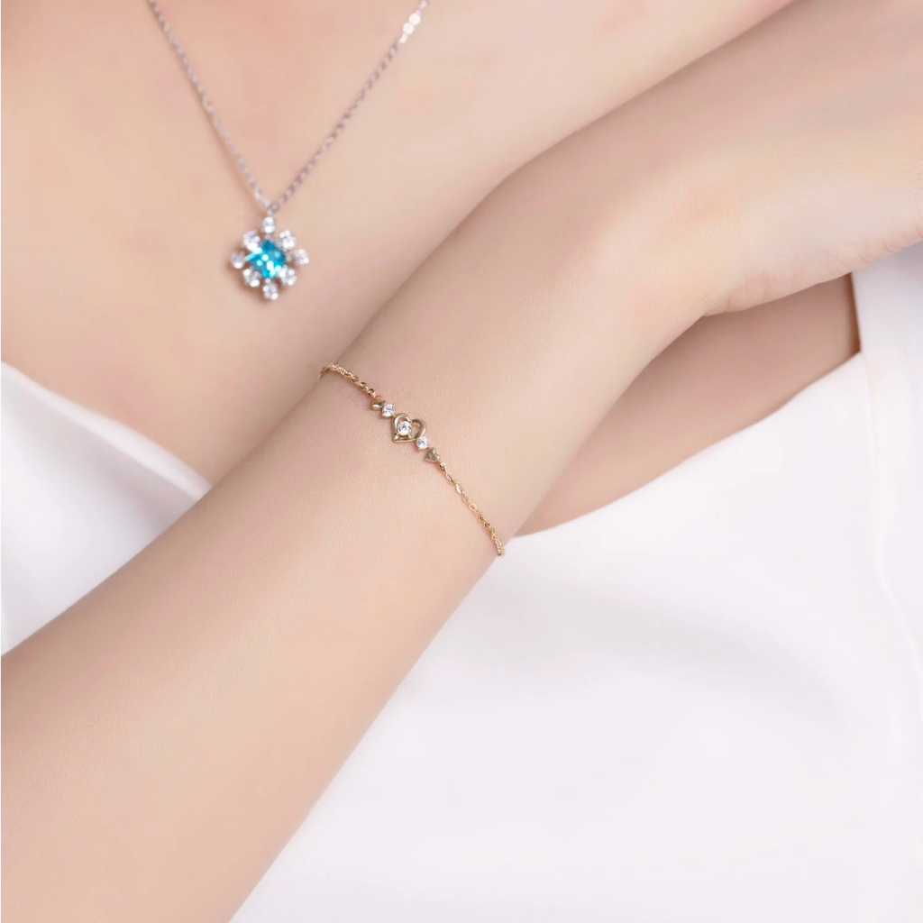 Lắc Tay Vàng Vàng 14K Thiết Kế Họa Tiết Hình Trái Tim Đính Đá CZ Cao Cấp Lấp Lánh LLF142 Huy Thanh Jewelry