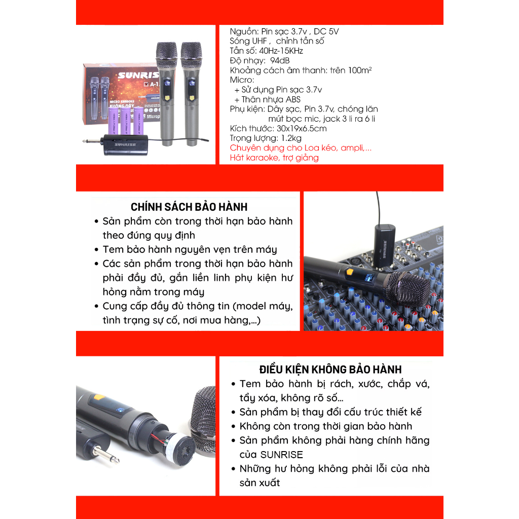 Micro đa năng không dây karaoke cho loa kéo, Amply, Mixer chính hãng Sunrise A-1.2, Mic karaoke hút giọng, chống hú