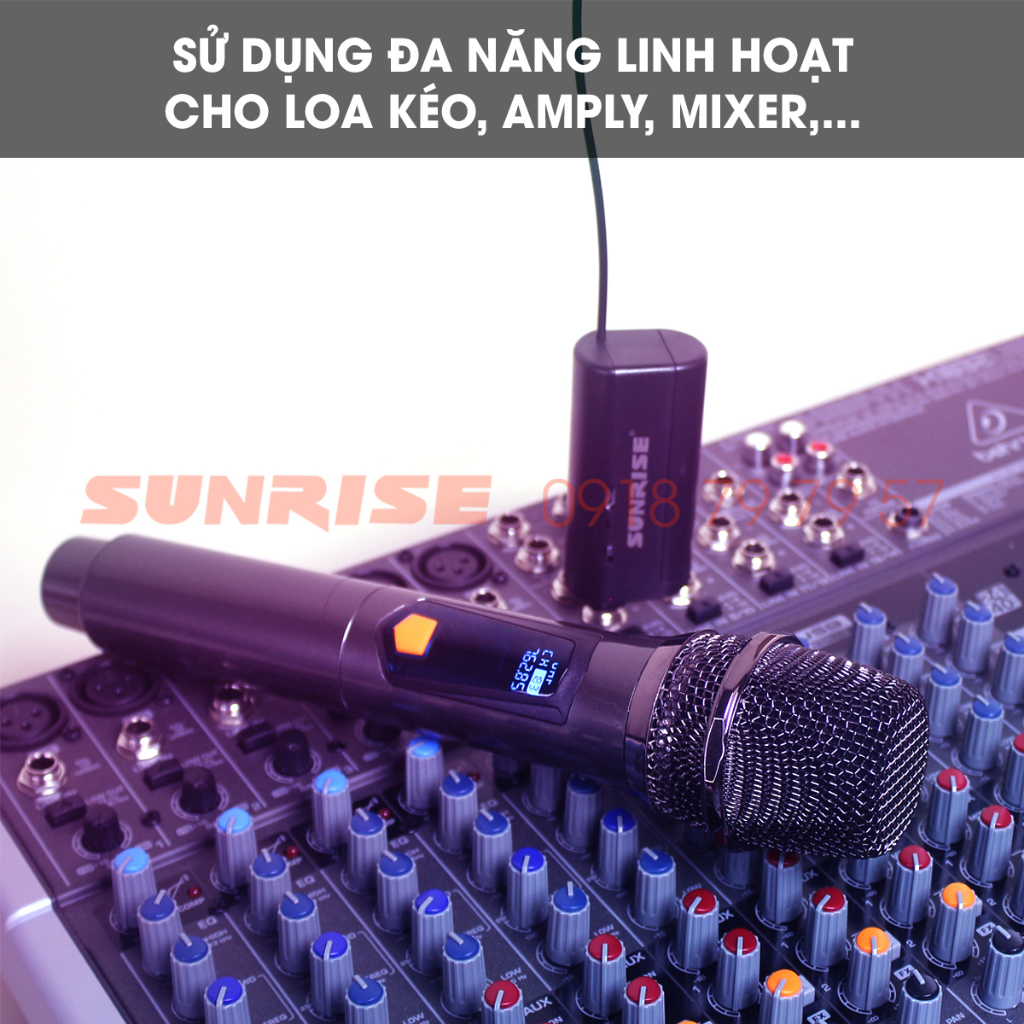 Micro đa năng không dây karaoke cho loa kéo, Amply, Mixer chính hãng Sunrise A-1.2, Mic karaoke hút giọng, chống hú