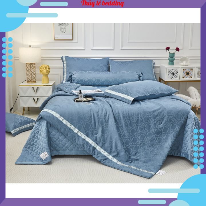 Bộ ga gối phi lụa vân chìm ga trần bông, set 5 món in thương hiệu chăn trần thêu họa tiết dùng 4 mùa quanh năm