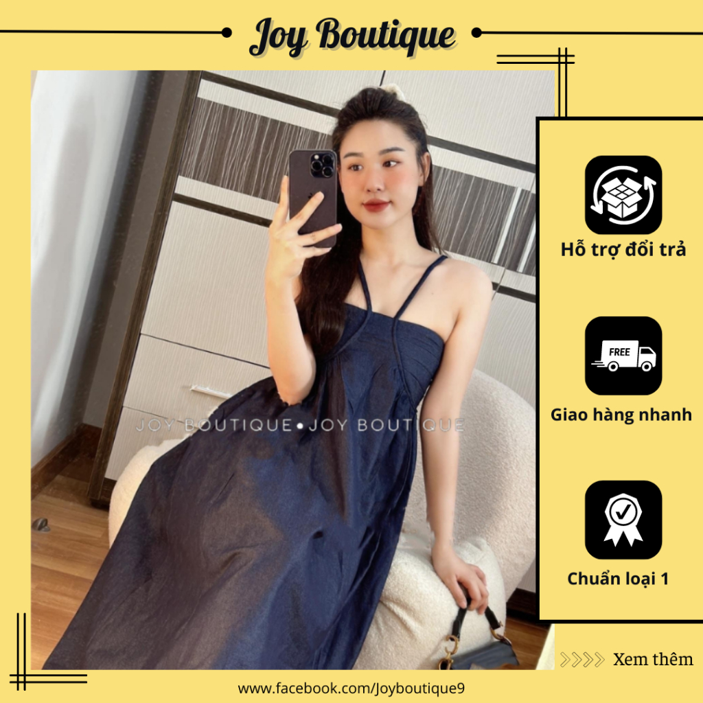 Váy jean hai dây xếp ly ngực dáng dài xoè form rộng basic phong cách Hàn Quốc vải jean mềm thích hợp đi chơi, đi du lịch