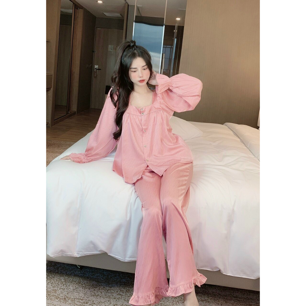 Bộ đồ nữ mặc nhà cao cấp thiết kế dài tay VHD-Màu hồng đất