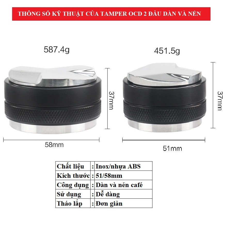 Tamper OCD 2 đầu dàn đều và nén cà phê - kích thước 51-58mm - chất liệu inox