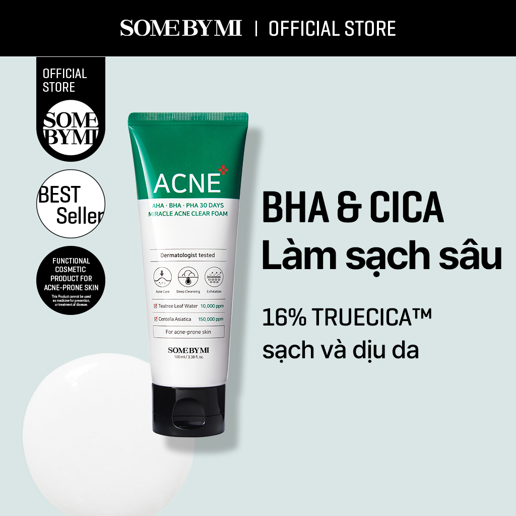 Sữa Rửa Mặt Some By Mi AHA-BHA-PHA 30 Days Miracle Acne Clear Foam Làm Sạch Sâu Cho Da Dầu Mụn nhạy cảm 100ml