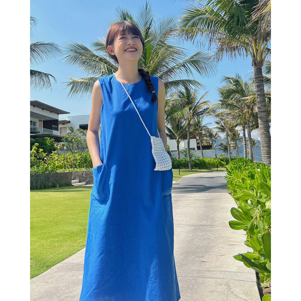 Đầm nữ linen sát nách dáng chữ A thời trang Hoa Đô màu xanh HD3060