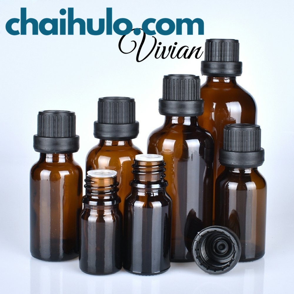 Lọ đựng tinh dầu nhỏ giọt, thuỷ tinh nâu, nắp nhựa PP đen/ trắng, đủ loại dung tích