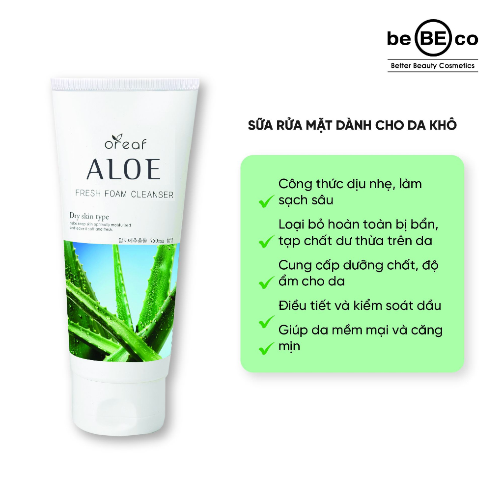 Sữa rửa mặt cho da khô -chiết xuất Lô Hội BEBECO OREAF loại bỏ dầu dư thừa, giúp cho lỗ chân lông nhỏ se khít