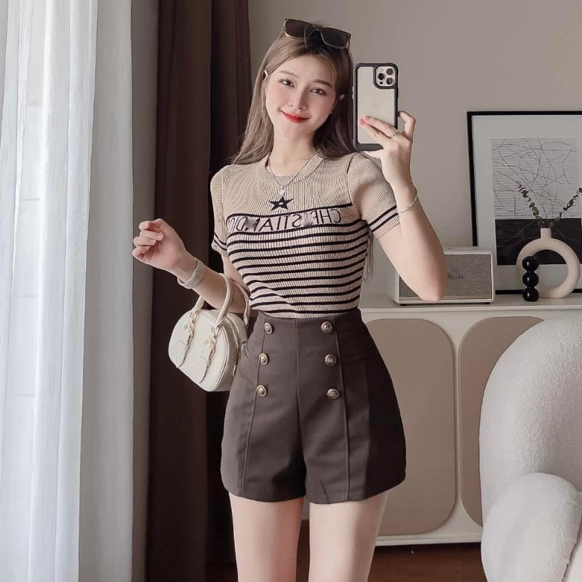 Áo thun dệt kim nữ len mongtoghi tay ngắn kiểu kẻ sọc cổ tròn dáng ôm body phối họa tiết hàng thiết kế Quảng Châu