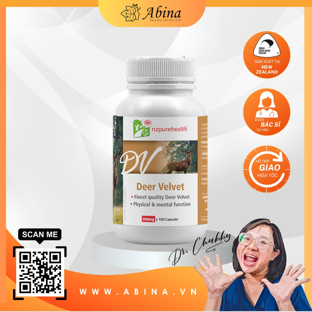 Viên uống thuần nhung hươu tăng sức khỏe nam nữ, bổ huyết dưỡng gân NZPureHealth Deer Velvet 100v Dr Chubby