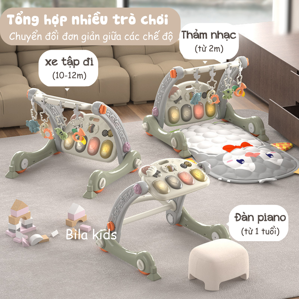 Thảm nhạc cho bé sơ sinh kiêm xe tập đi 3IN1có nhạc đàn piano, bé nằm nghe nhạc phát triển thính giác BILA KIDS