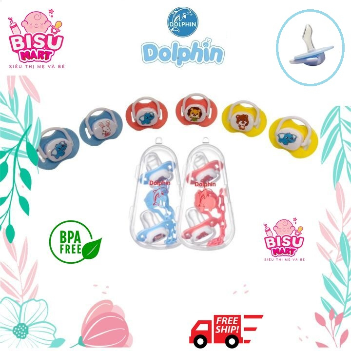 Hộp 2 Ty ngậm Dolphin cao cấp, ti giả silicon cho bé có dây xích