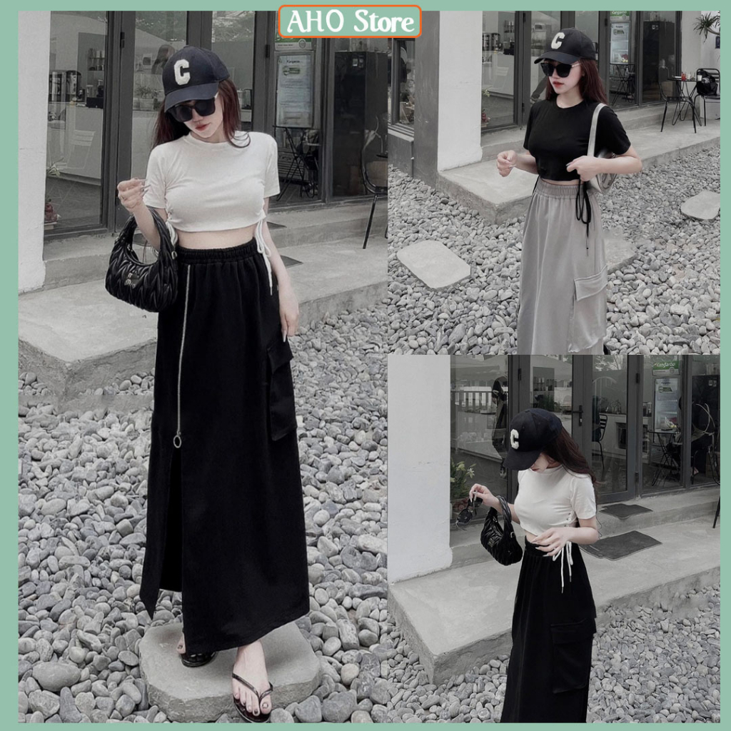 Bộ Đồ Nữ Áo Croptop Dây Rút Eo Mix Chân Váy Dáng Dài Túi Hộp Hai Bên Khoá Kéo Xẻ Tà Freesize