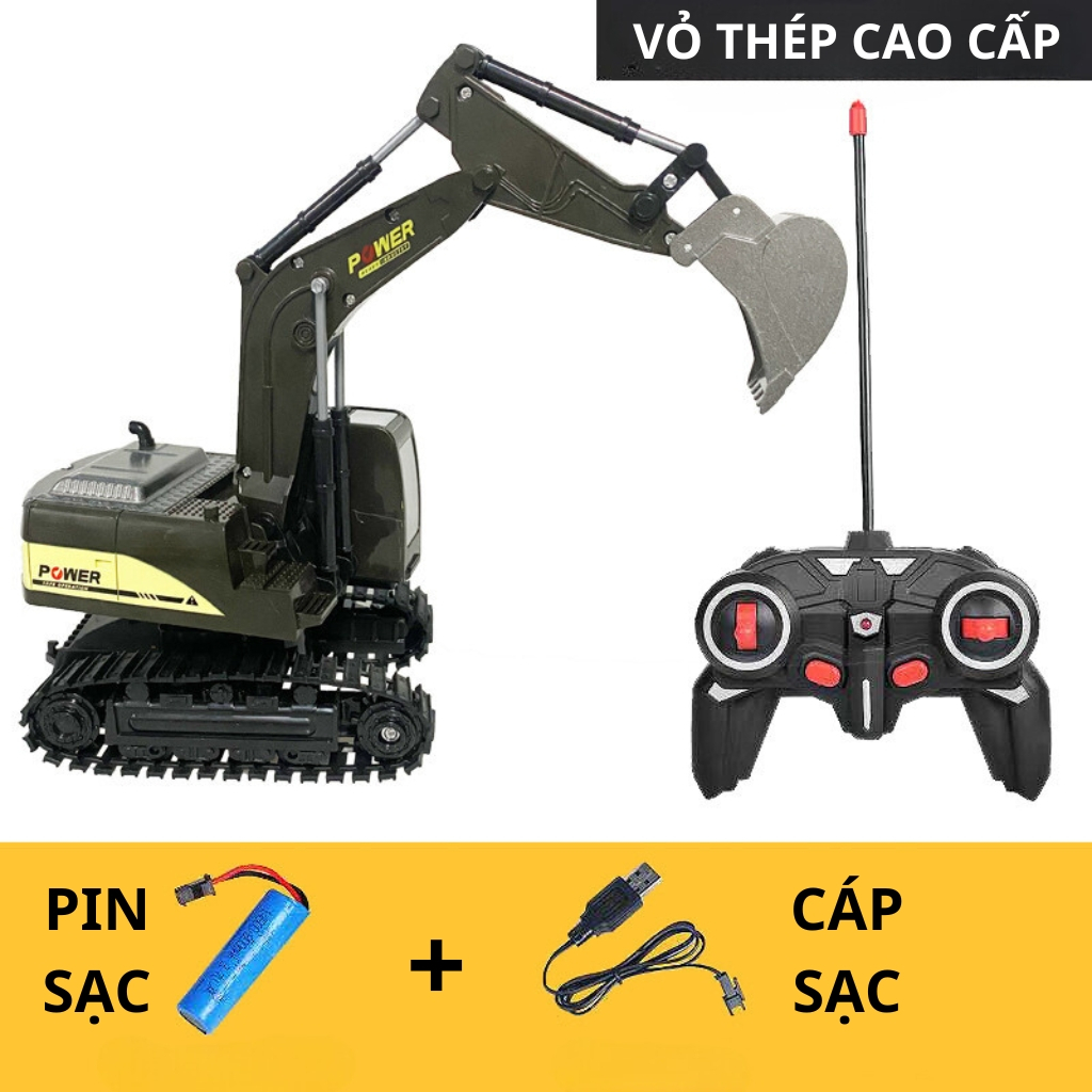 Máy xúc xe múc điều khiển từ xa pin sạc bánh xích, Đồ chơi xe công trình điều khiển từ xa cho bé