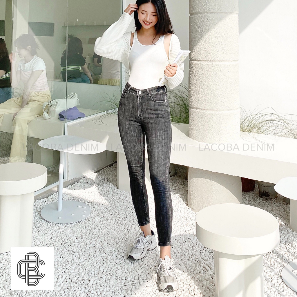 Quần skinny jean nữ màu khói siêu co giãn tôn dáng thêu logo SK04 - La’coba