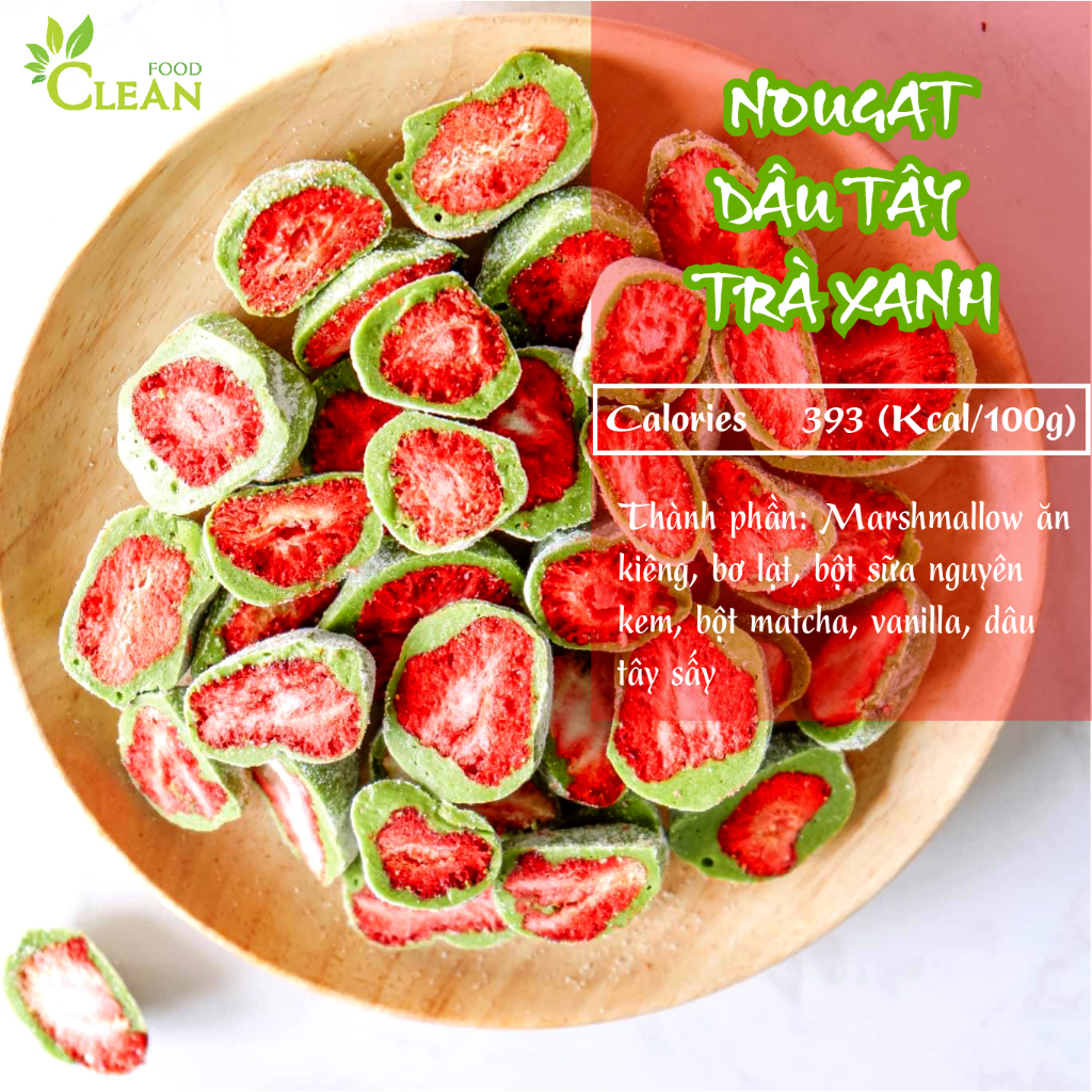 Kẹo nougat dâu tây trà xanh CleanFood 500g ăn kiêng giảm cân tiểu đường eatclean/keto