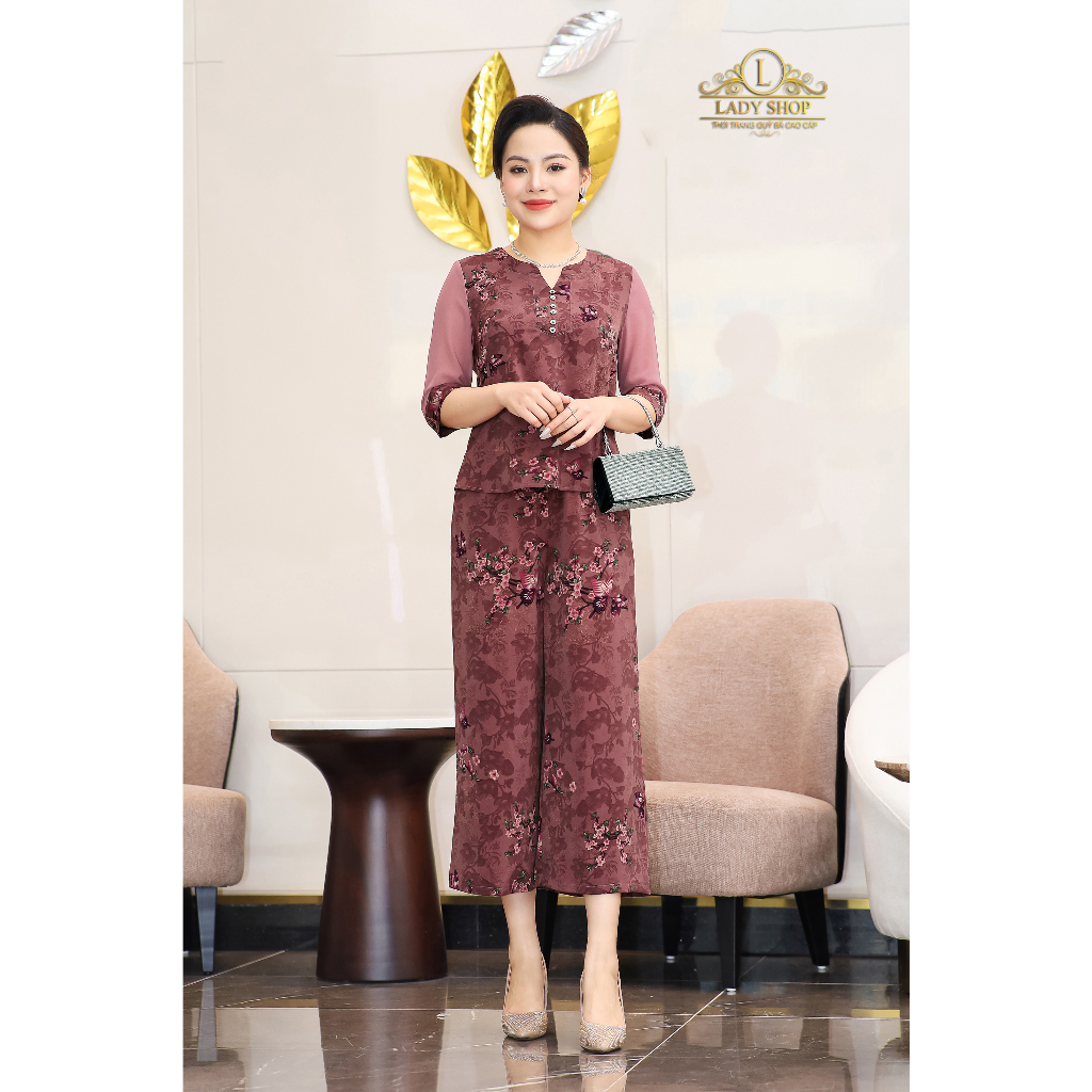 Bộ lụa nhật cành đào tay lửng Ladyshop thời trang trung niên cao cấp T131