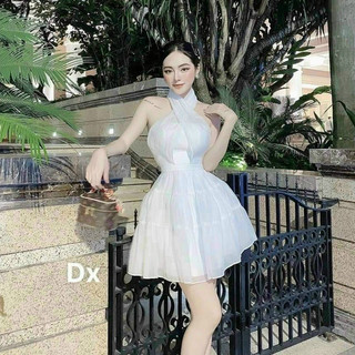 Đầm nữ đi tiệc cổ yếm, Váy nữ chất liệu vải voan 2 lớp có mút ngực Freesize -NPP TuanQuan1