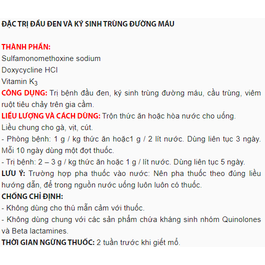 Ký sinh trùng máu, đầu đen Bio-Suldox 100g/gói