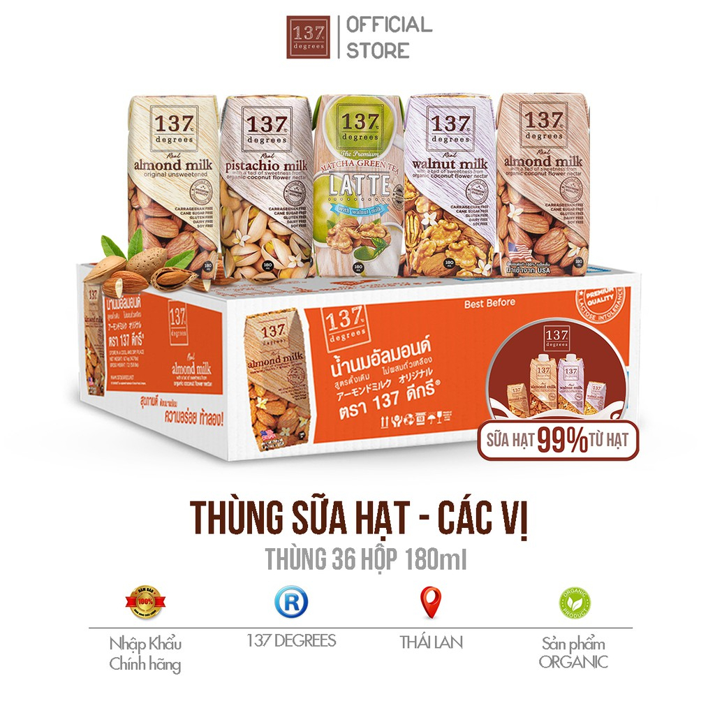 Thùng Sữa Hạt Nguyên Chất 137 Degress - Thùng 36 Hộp 180ml