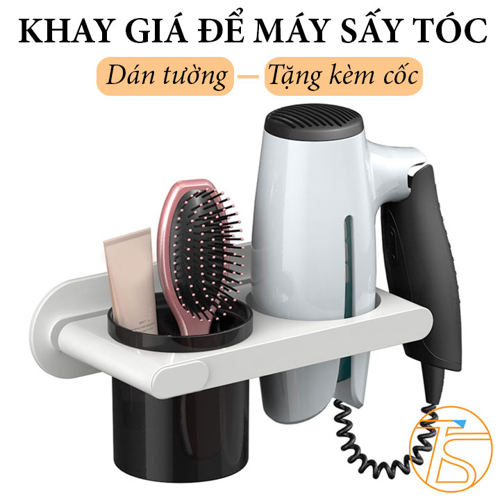Khay giá treo máy sấy tóc dán tường có kèm cốc đựng bàn chải kem đánh răng trong phòng tắm