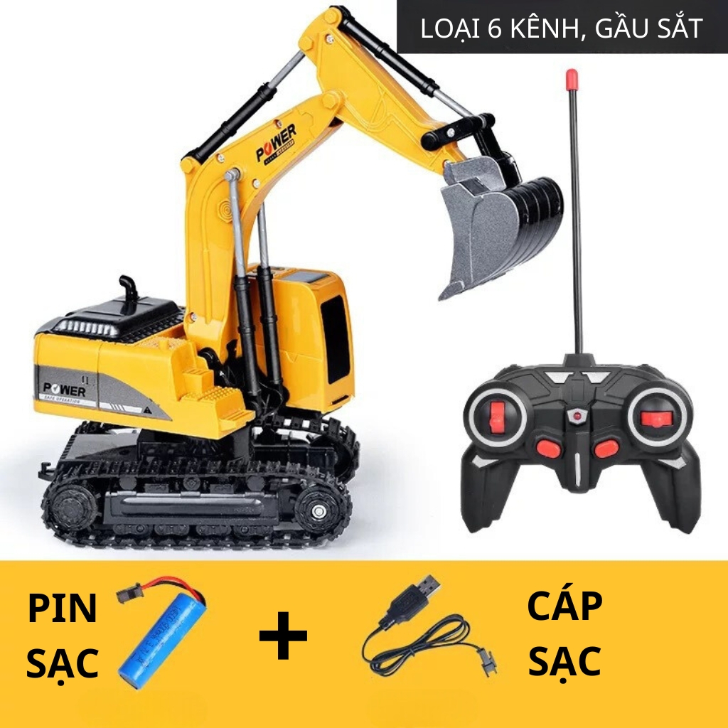 Máy xúc xe múc điều khiển từ xa pin sạc bánh xích, Đồ chơi xe công trình điều khiển từ xa cho bé