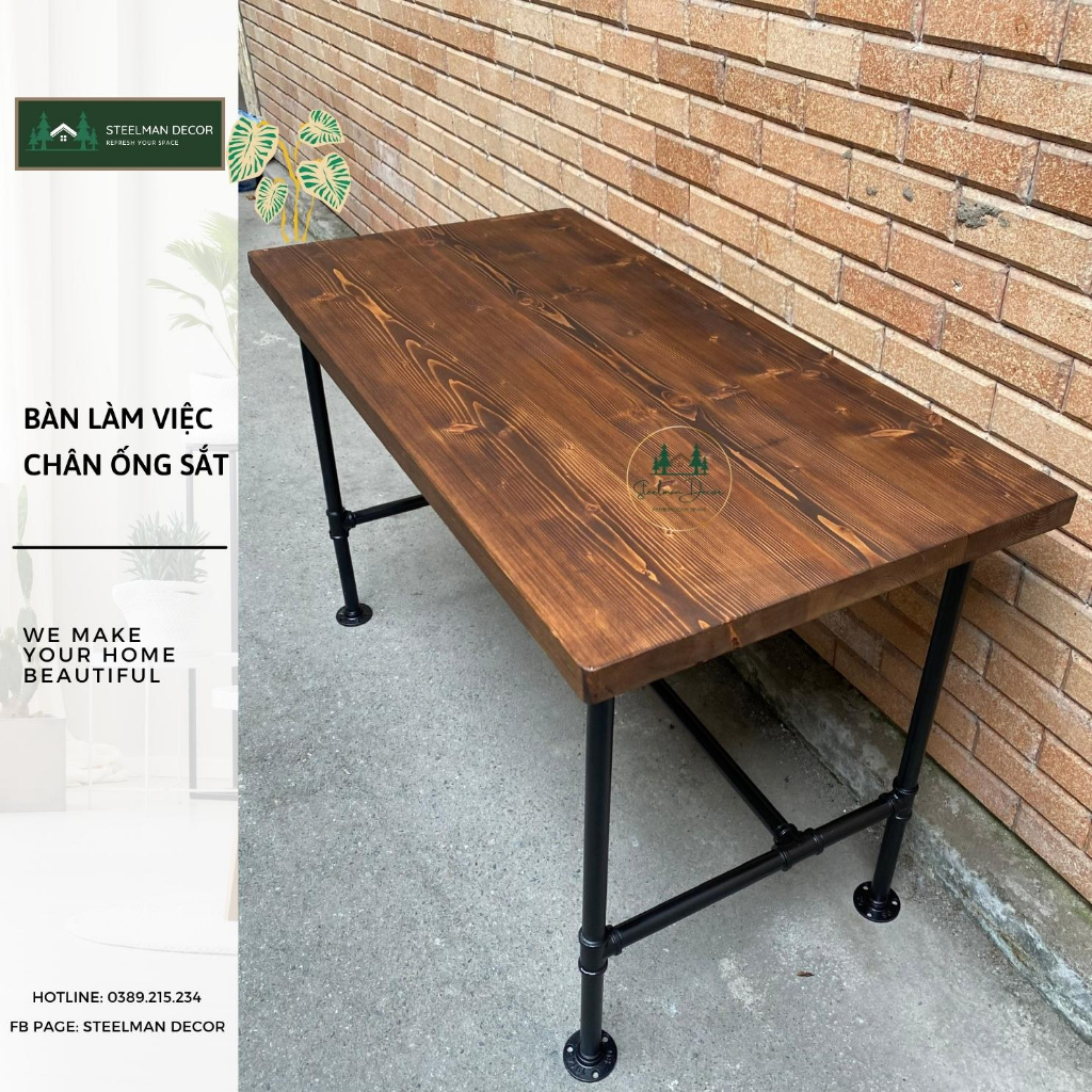 Bàn Làm Việc Gỗ Tự Nhiên - Hệ Khung Ống Sắt Dày Dặn Chắc Chắn Phong Cách Cổ điển Vintage