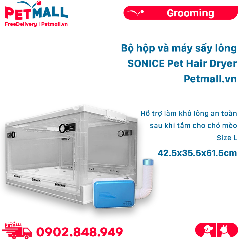 Bộ hộp và máy sấy lông SONICE Pet Hair Dryer Size L 42.5x35.5x61.5cm - Hỗ trợ làm khô lông an toàn sau khi tắm Petmall