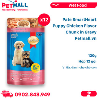 Pate SmartHeart Puppy Chicken Flavor Chunk in Gravy 130g - Hộp 12 gói - Vị Gà, dành cho chó con Petmall