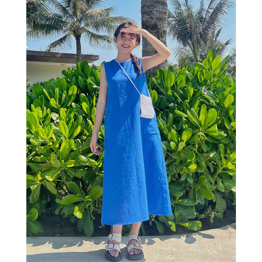 Đầm nữ linen sát nách dáng chữ A thời trang Hoa Đô màu xanh HD3060