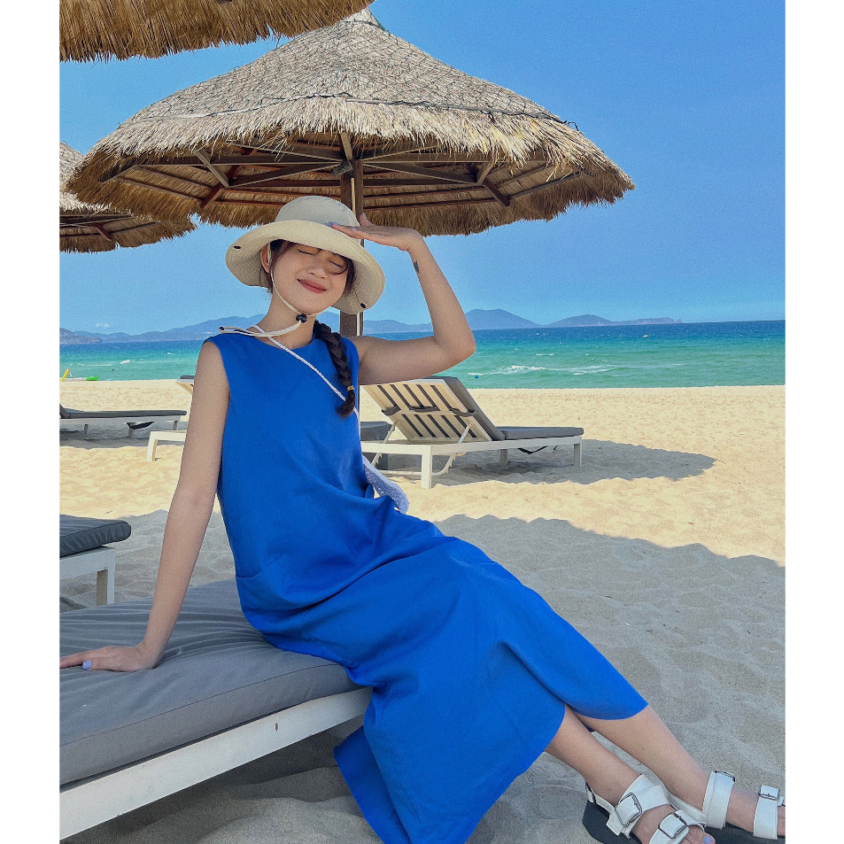 Đầm nữ linen sát nách dáng chữ A thời trang Hoa Đô màu xanh HD3060