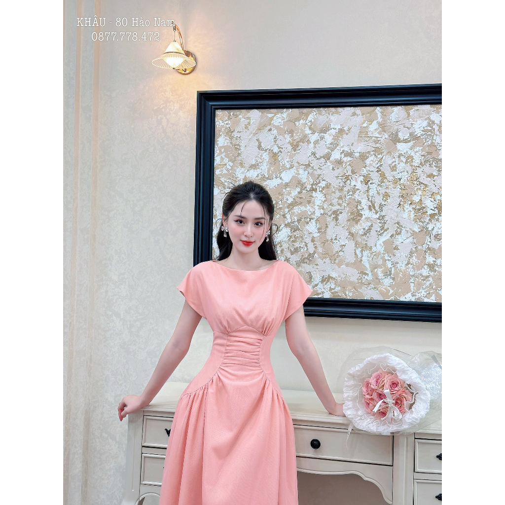 Khâu Đầm thiết kế chờm vai nhúm eo sang trọng tơ kính
