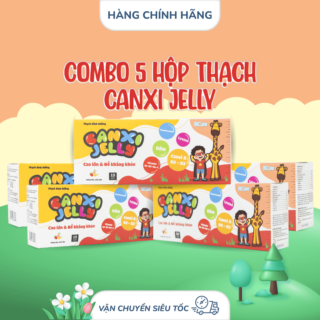 Combo 5 Hộp Thạch Canxi Jelly Bicare (15 Gói/Hộp, Mix 3 Vị Dâu, Xoài, Đào) Tăng cường chiều cao cho bé