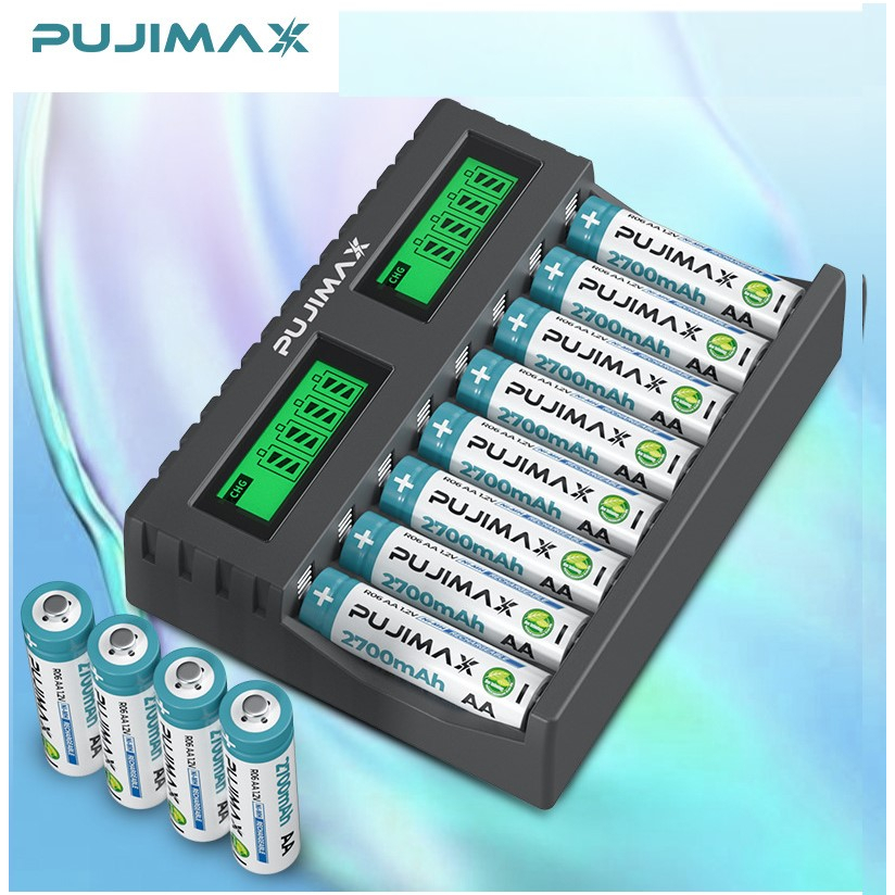 Bộ Sạc 8 Pin AA, AAA PUJIMAX Tốc Độ Cao Hiển Thị Màn Hình LCD