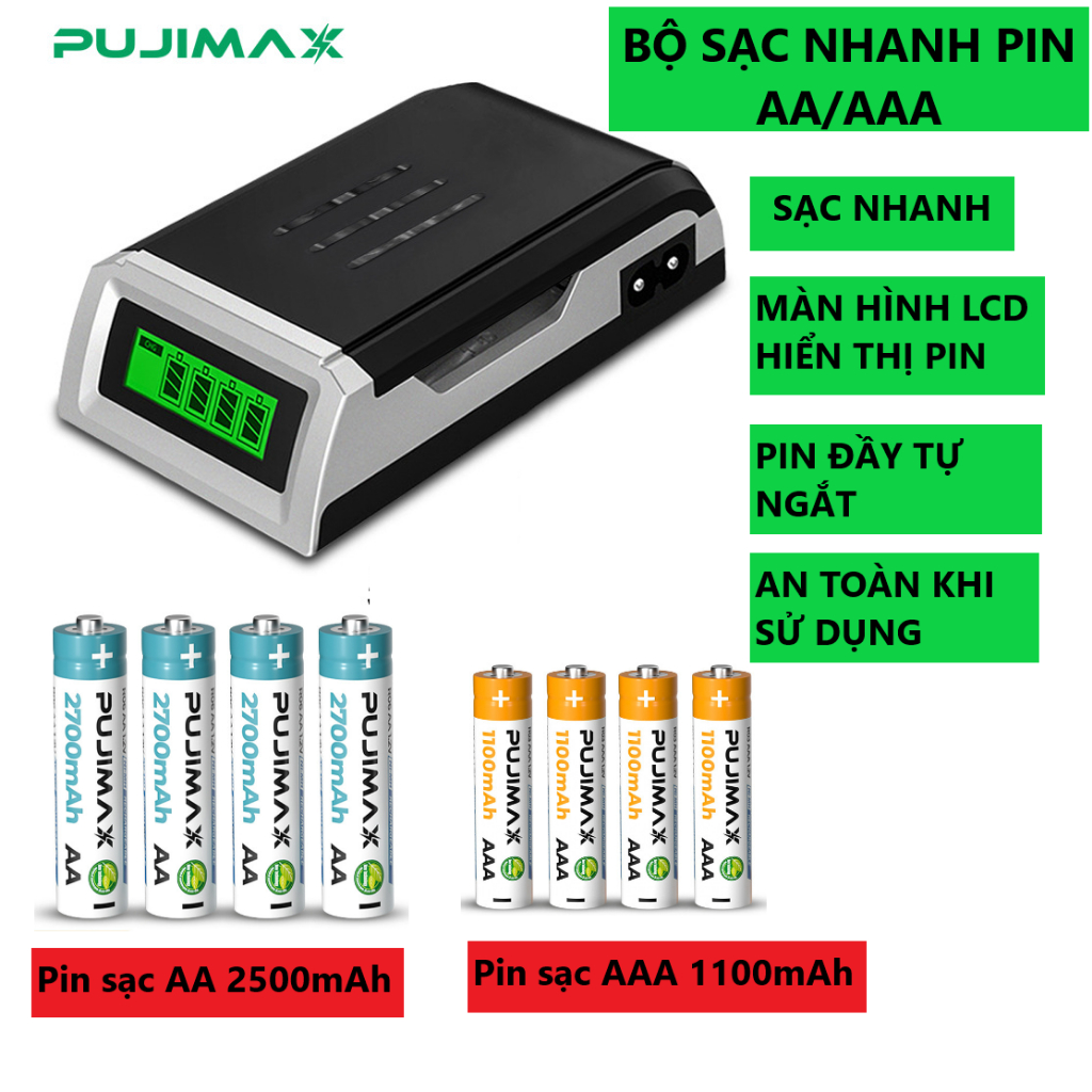 Bộ Sạc Pin AA, AAA PUJIMAX Tốc Độ Cao Hiển Thị Màn Hình LCD