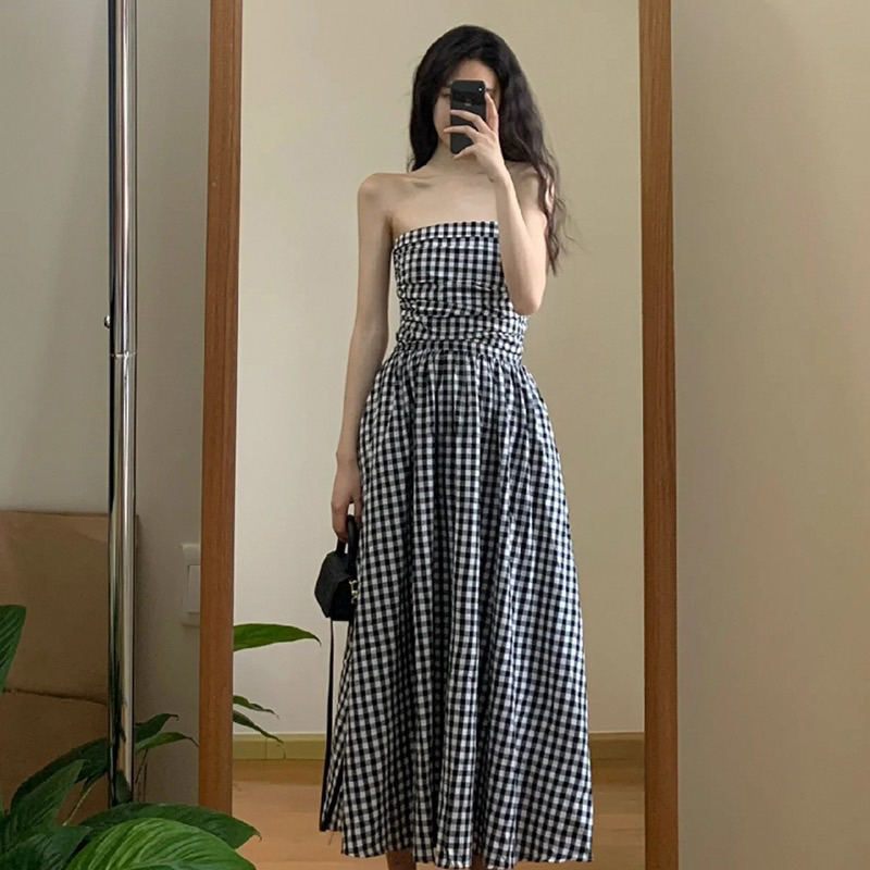 (Order-hình thật cuối) Đầm váy nữ kẻ ô đen trắng nhún ngực dáng xoè maxi phong cách Hàn Quốc váy dáng dài hot ulzzang